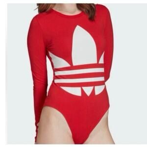 Adidas Red Long Sleeve White Trefoil Logo Bodysuit Small
